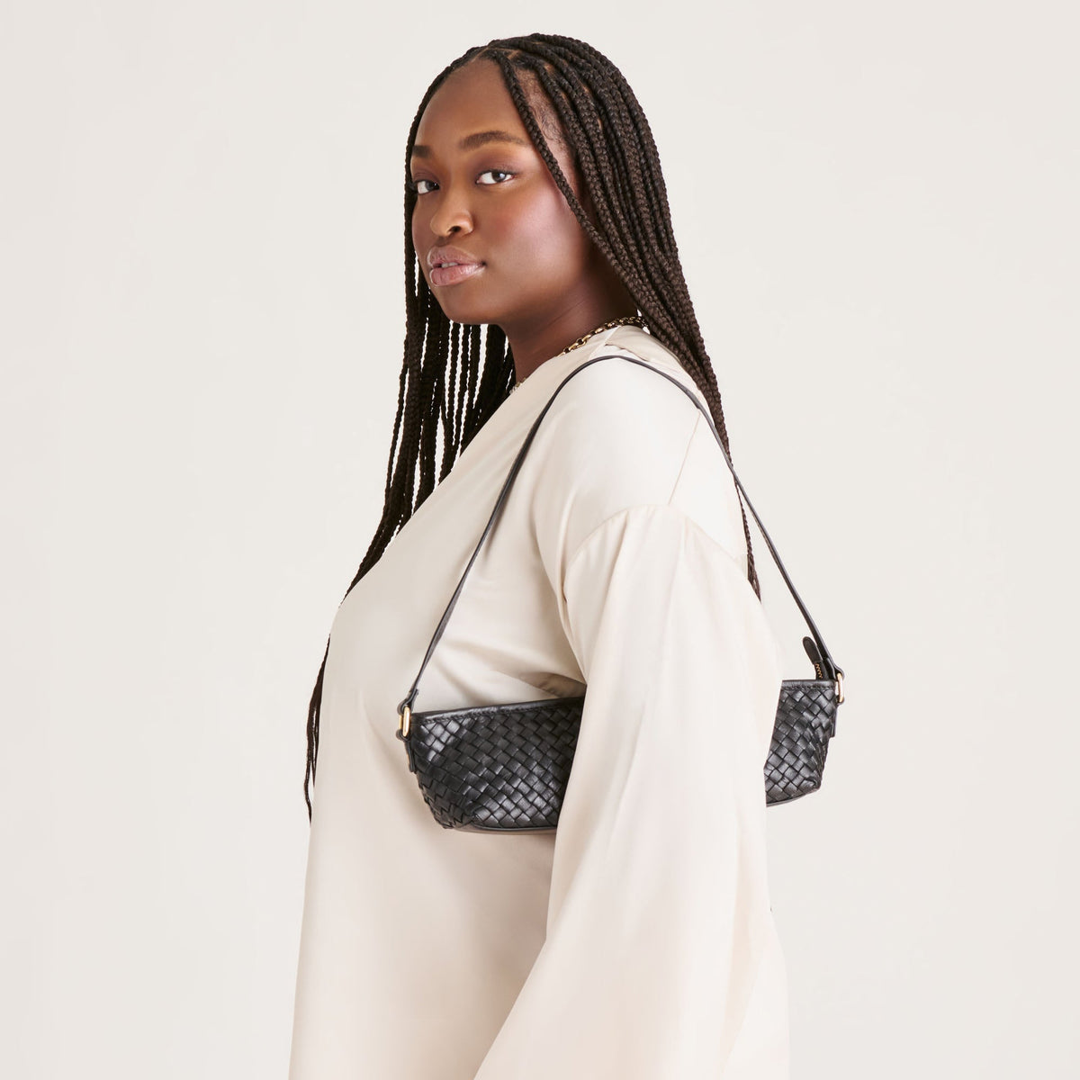 Dolce Vita Savaii Black Woven Leather Shoulder Bag
